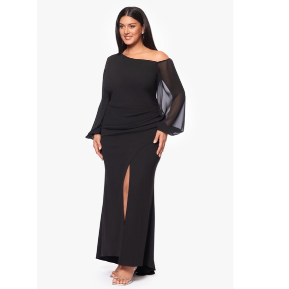 NEW Betsy & Adam BLACK Plus Size DONNA Off The Shoulder ILLUSION SLEEVE GOWN 20W - Picture 8 of 13